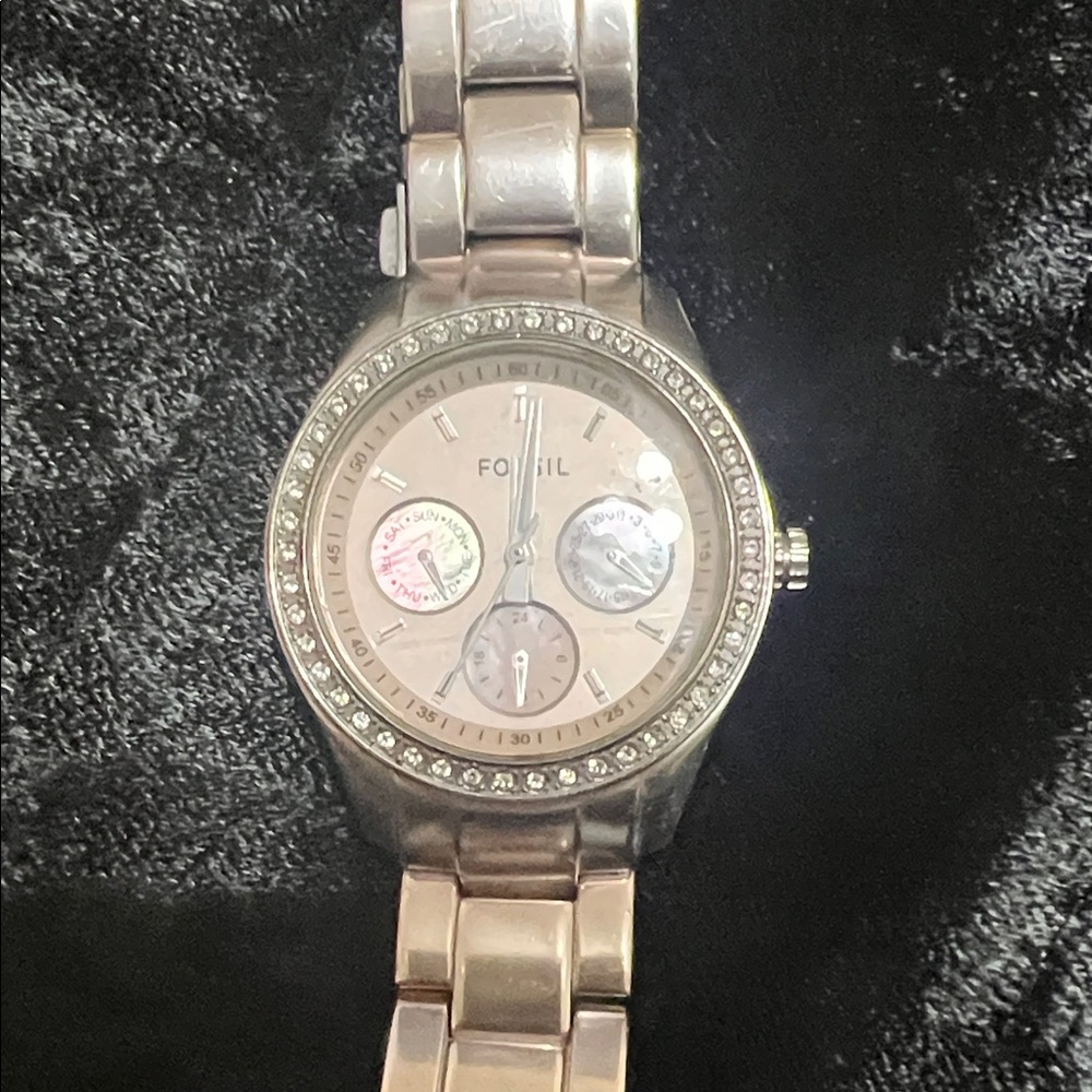 Fossil Pink & Silver Tone Chronograph Ladies Wrist Watch Crystals Mother Pearl